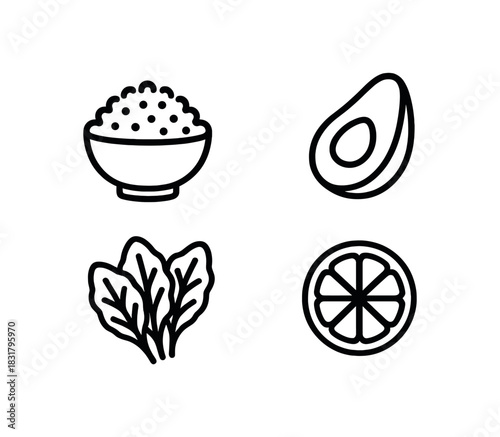 4 minimal icons quinoa bowl black outline avocado slice black outline greens black outline lime slice black outline