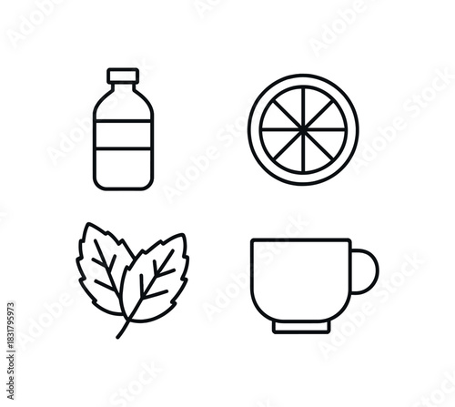 4 minimal icons water bottle black outline lemon slice black outline mint leaves black outline cup black outline