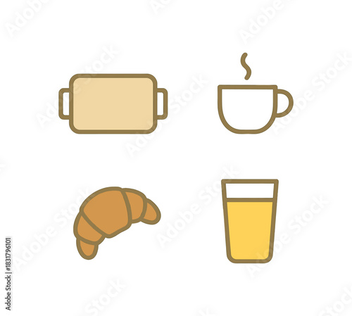 4 minimal icons breakfast tray colored beige coffee cup colored white croissant colored brown juice glass colored
