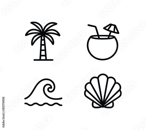 4 minimal icons palm tree black outline coconut drink black outline sea wave black outline black outline