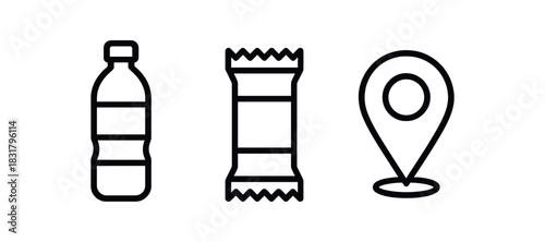 minimal icons water bottle black outline snack bar black outline map pin black outline
