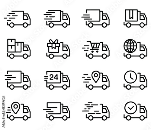 Collection of black outline icons representing various delivery truck concepts like speed, package handling, global shipping, and time tracking