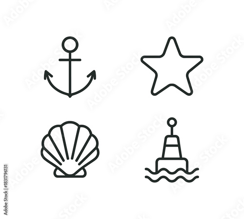 4 minimal icons anchor black outline starfish black outline black outline buoy black outline