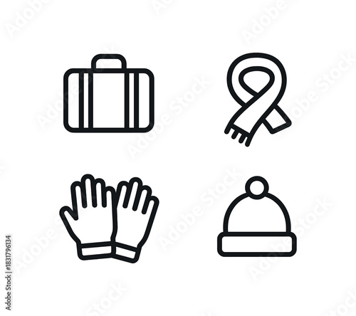 4 minimal icons suitcase black outline scarf black outline gloves black outline warm hat black outline