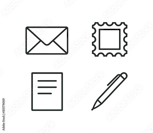 4 minimal icons envelope black outline stamp black outline letter black outline pen black outline