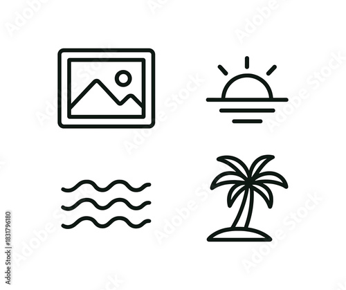 4 minimal icons photo frame black outline sunset icon black outline wave black outline palm tree black outline