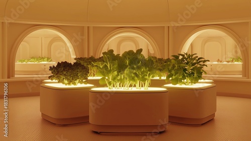 Fototapeta Naklejka Na Ścianę i Meble -  Futuristic indoor vertical farm with hydroponic plants glowing under warm light, minimal space station agriculture concept.