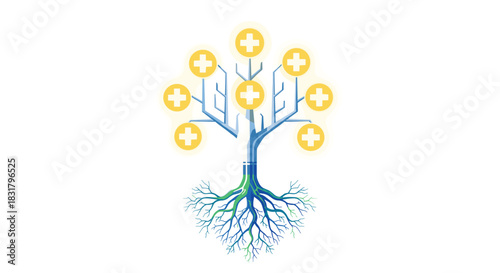 Abstract Tree of Life with Golden Medical Crosses and Roots, Generative AI.