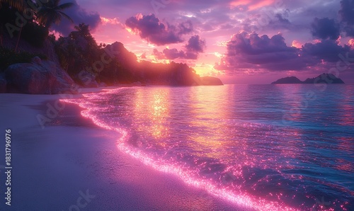 Tropical beach at sunset with glowing pink waves and purple clouds