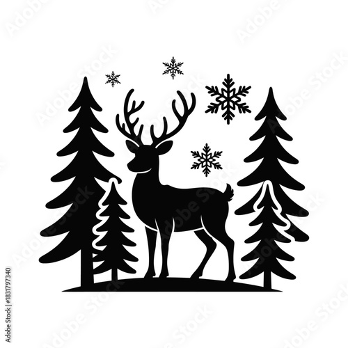 A deer stands gracefully among tall pine trees, surrounded by falling snowflakes.