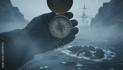 A person holds a vintage brass compass navigating a foggy, rough sea with a tall ship in the distance.