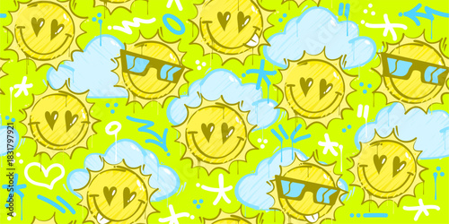 Trendy Neon Abstract Graffiti Style Happy Smiling Suns On the Sky Seamless Background