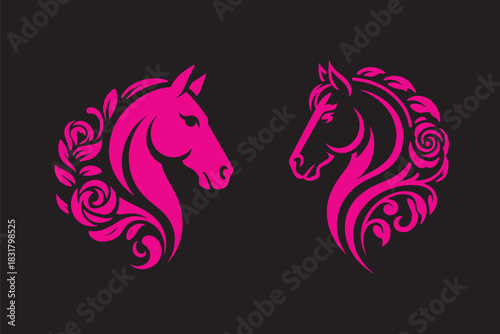 Two pink horse heads with floral ornaments vector image