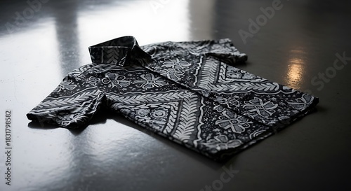A monochrome batik shirt in shades of charcoal and silver, displaying a sophisticated modernized kawung pattern