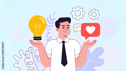 businessman balancing a lightbulb and a red heart icon vector illustration, the concept of balance between logic and emotion 