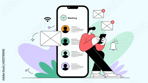 man leaning on a giant smartphone and managing an online meeting, vector illustration for digital communication and remote work