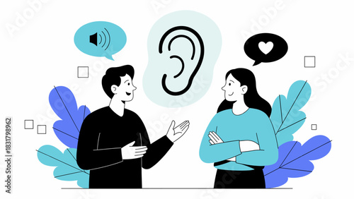 man and woman in conversation with a large ear symbol, vector illustration for active listening and empathetic communication
