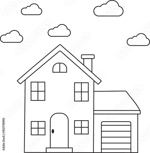 Linear illustration of  house with garage in simple Linear style. Doodle outline vector illustration