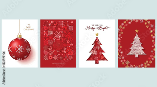 Set of four Christmas greeting cards with red and white designs featuring ornaments, snowflakes, stylized trees, and festive messages like “Merry Christmas” and “Season’s Greetings”—perfect for holida