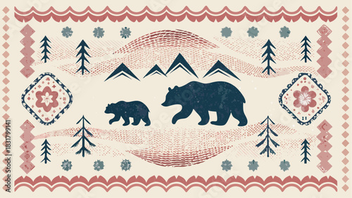 Charming folk art design featuring bears in a mountain landscape with floral accents, perfect for rustic decor and nature-themed projects, originally scalable