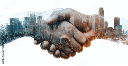 Double exposure handshake merged with abstract city skyline texture