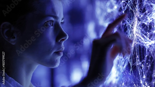 Scientist engages with quantum key display for enhanced security in a high-tech laboratory