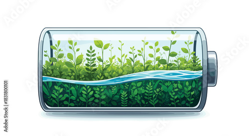 Battery filled with lush green plants and water symbolizing renewable energy, Generative AI.
