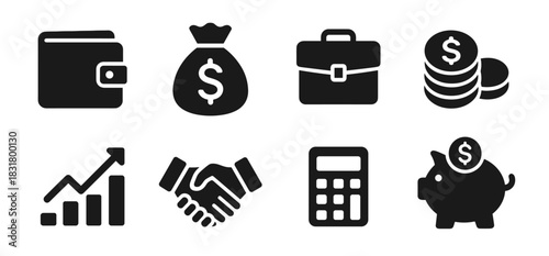 Finance icon collection in black. Includes wallet, money bag, briefcase, coins, growth chart, handshake, calculator and piggy bank. The icons are simple, bold, and clear for universal financial use