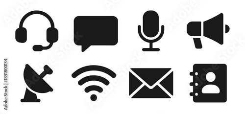 Communication icon collection in black. Includes headset, chat bubble, microphone, megaphone, satellite dish, wifi signal, envelope and contact book
