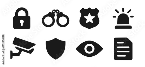 Security icon collection in black. Includes padlock, handcuffs, police badge, siren, CCTV camera, shield, eye and document. The icons are simple, bold and ideal for safety or surveillance use
