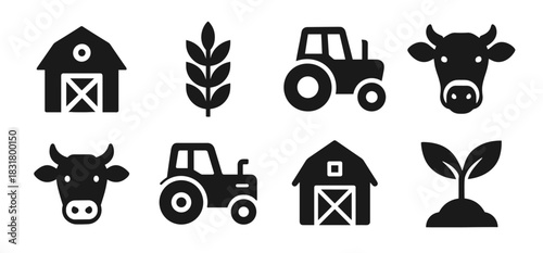 Farming and agriculture icon collection in black. Includes barn, wheat, tractor, cow head, second cow, second tractor, second barn and sprout