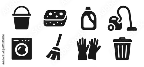 Cleaning icon collection in black. Includes bucket, sponge, detergent bottle, vacuum cleaner, washing machine, broom, gloves, and trash bin
