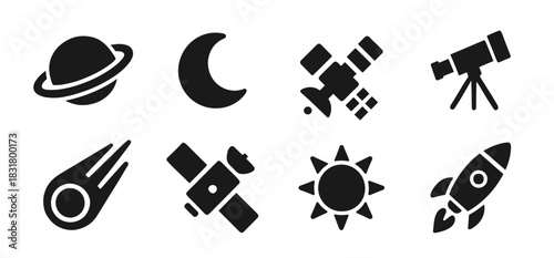 Space icon collection in black. Includes planet, moon, satellite, telescope, comet, second satellite, sun and rocket. The icons are bold and simple for astronomy, science and exploration themes