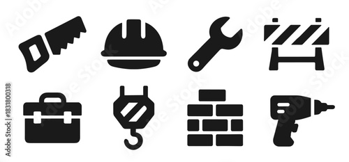 Construction icon collection in black. Includes saw, helmet, wrench, barrier, toolbox, crane hook, bricks and drill. The icons look bold and simple for building or repair themes