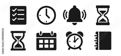Time management icon collection in black. Includes checklist, clock, notification bell, hourglass, another hourglass, calendar, alarm clock, and notebook