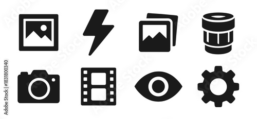 Photography icon collection in black. Includes image frame, lightning bolt, gallery, camera lens, camera body, film strip, eye and gear