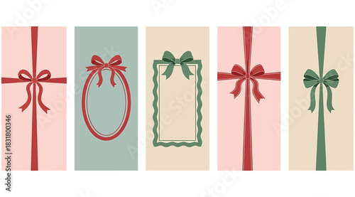 Set of five vertical decorative elements featuring various styles of ribbon bows and frames in muted red and green tones on pastel backgrounds, perfect for gift wrapping or holiday design