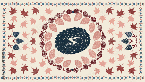 Whimsical autumn themed design featuring a sleeping animal in nest surrounded by leaves, berries, and acorns, a charming design for fall decor projects