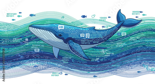 Blue whale with QR codes on its body swimming in ocean waves, Generative AI.