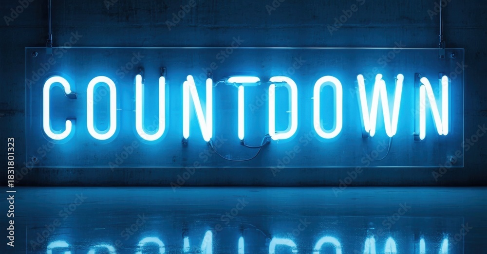 Obraz premium Bright neon sign spells countdown. Blue light reflects on dark surface. Minimalist aesthetic, modern design, simple typography.