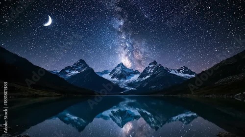 Wallpaper Mural Stunning Night Sky with Milky Way and Crescent Moon Reflected in Mountain Lake. Torontodigital.ca