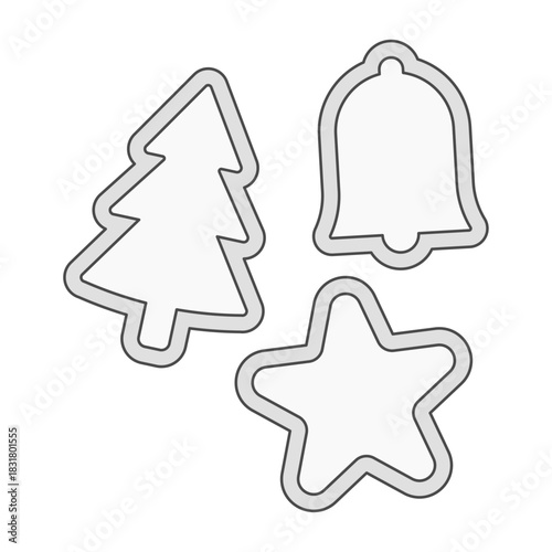 Christmas cookie cutter illustration. Three metal cutter form. Star tree bell shape detail. Simple holiday baking shape. Minimal festive kitchen piece.
