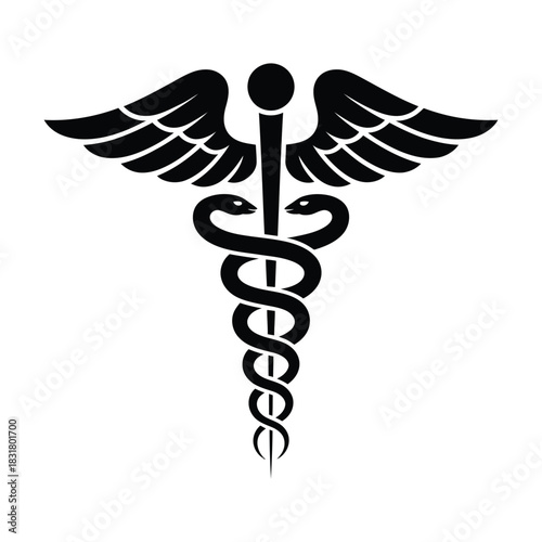 Black and white graphic symbol of the caduceus staff with two snakes entwined and wings