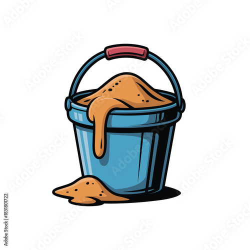 A vibrant, playful cartoon of blue bucket filled with overflowing golden-brown sand indoors.
