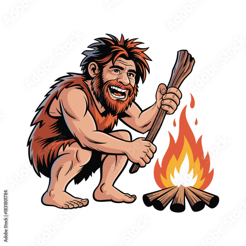 A cheerful caveman smiles widely, stoking a fire with a stick, embodying survival spirit.