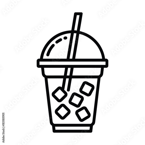 Simple black and white line art icon of a cold beverage in a plastic cup with a dome lid and straw, containing ice cubes