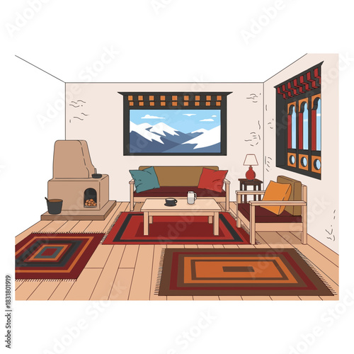Cozy living space featuring ethnic motifs and mountain vista, hand drawn style
