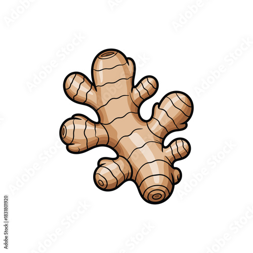 A tan colored ginger root is seen in the image. Great for tea, soups, and overall health.