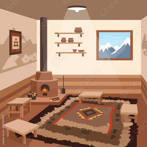 Cozy Room Illustration with Fireplace, Carpet, and Mountain View Picture