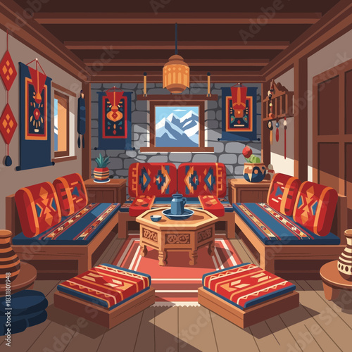 Cozy mountain living room interior with patterned cushions and rustic decor